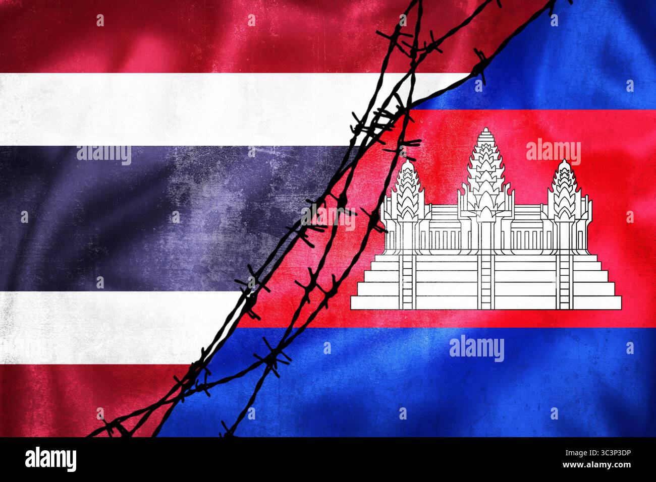 Grunge-Flaggen von Thailand und Kambodscha geteilt durch Barb Wire Illustration, Konzept der angespannten Beziehungen zwischen Thailand und Kambodscha Stockfoto