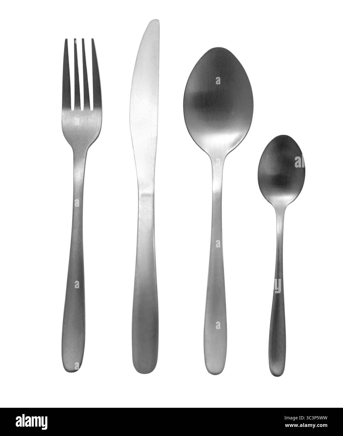 Elegantes Besteckset mit Gabel, Messer und Löffeln, isoliert auf transparentem Hintergrund, perfekt für Restaurants und Restaurantkonzepte Stockfoto