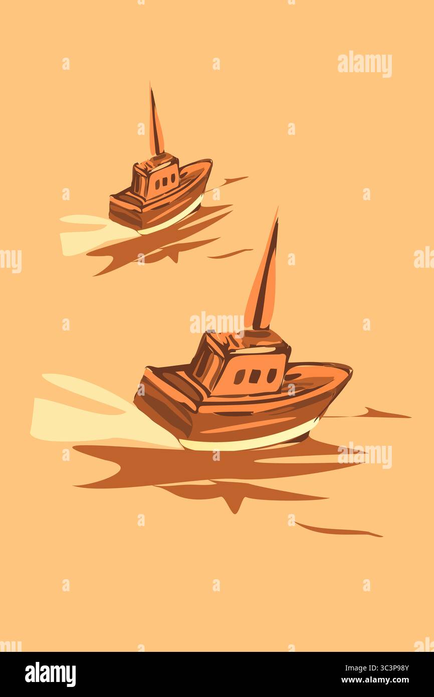 Stilisierte Vektorkunst mit zwei Booten – einem großen Frachtschiff und einem kleinen Fischereischiff – die bei Sonnenuntergang in ruhigen Gewässern navigieren. Die Komposition verwendet W Stock Vektor