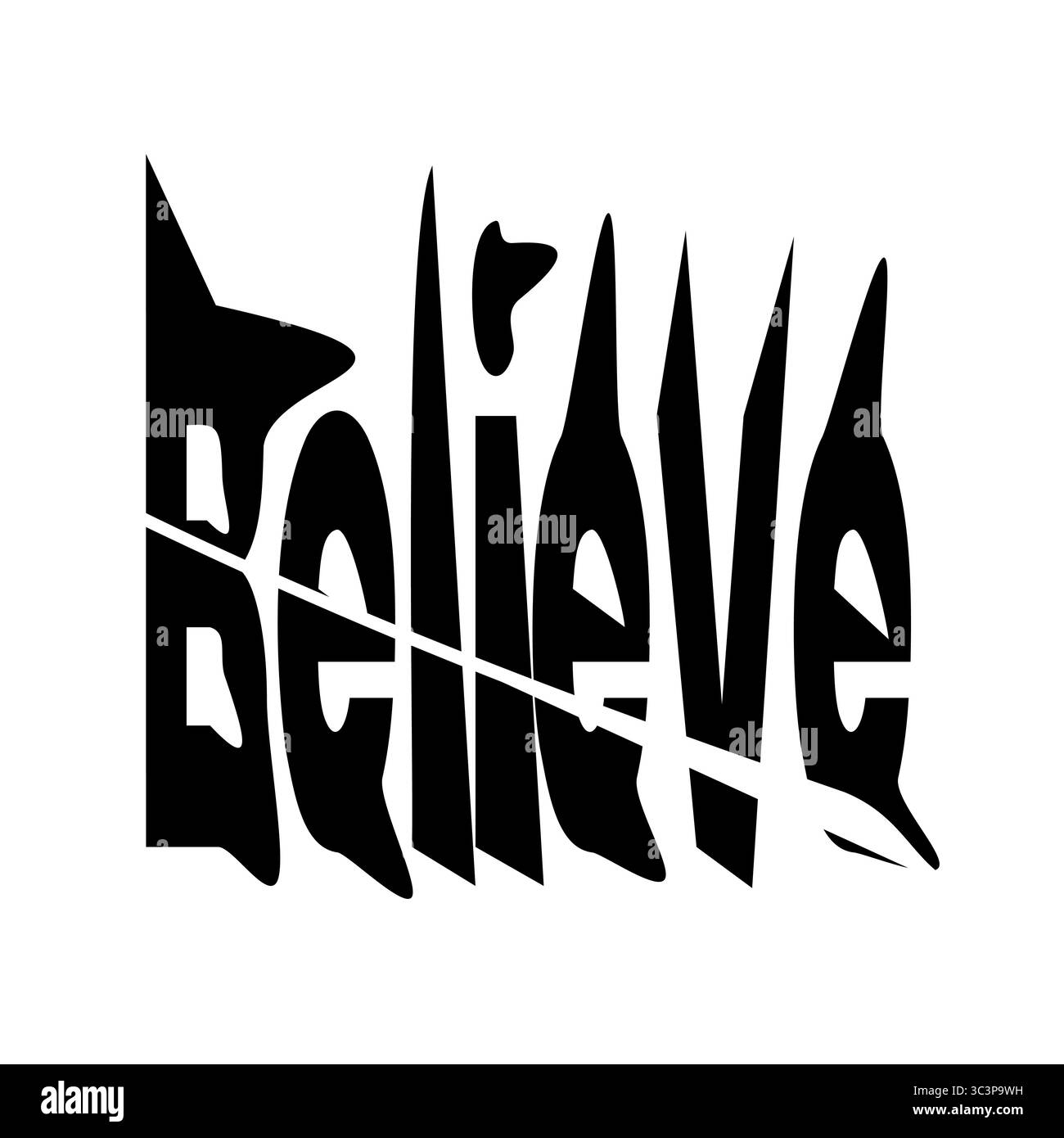 Ein markantes minimalistisches Vektorposter-Design mit dem Wort „Believe“ in schwarzem Kleinbuchstaben, stilisiert mit direkter Auswahlverzerrung. Ein weißes d Stock Vektor