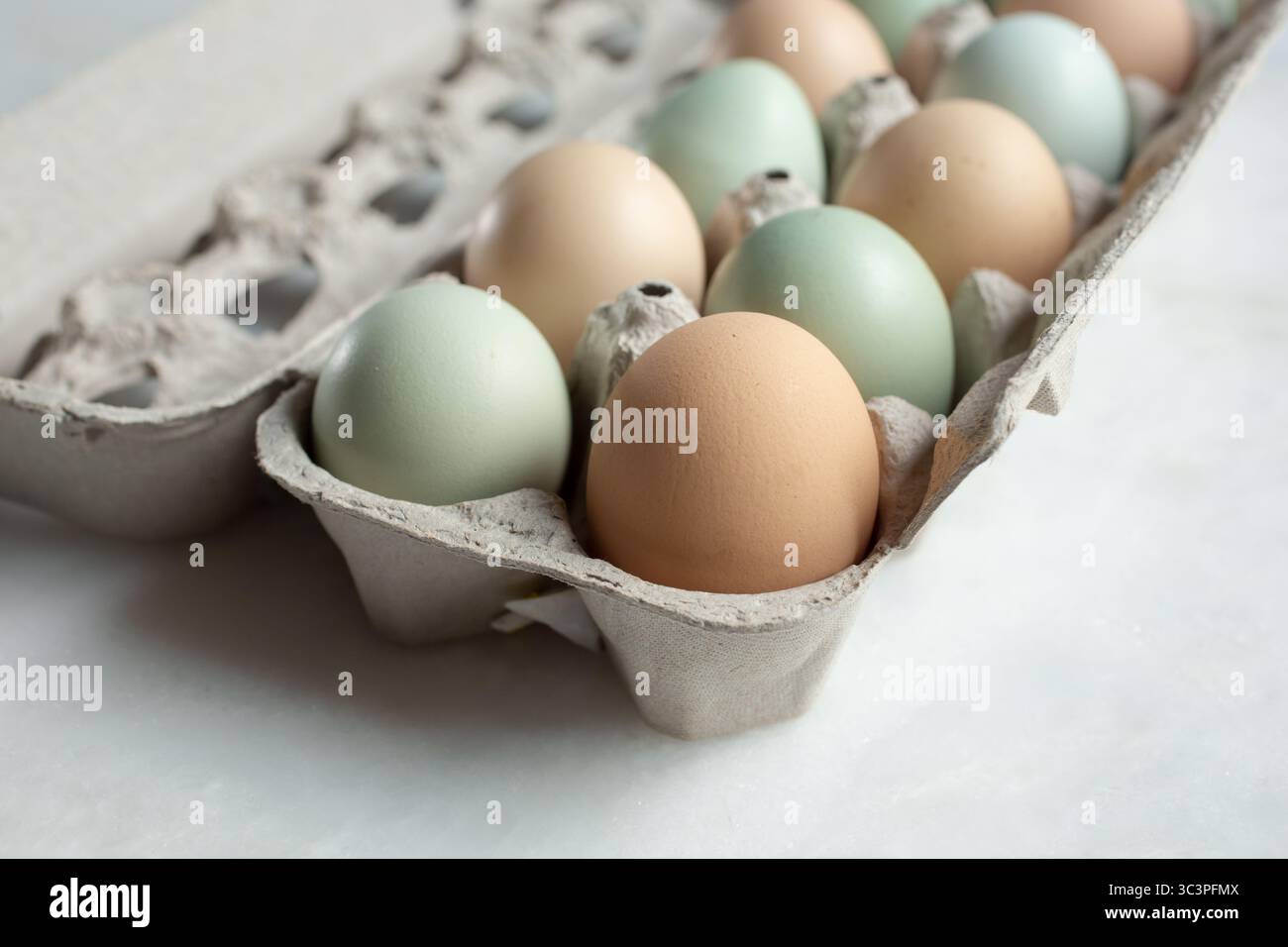 Blick auf eine Schachtel frischer Eier vom Bauernhof. Stockfoto