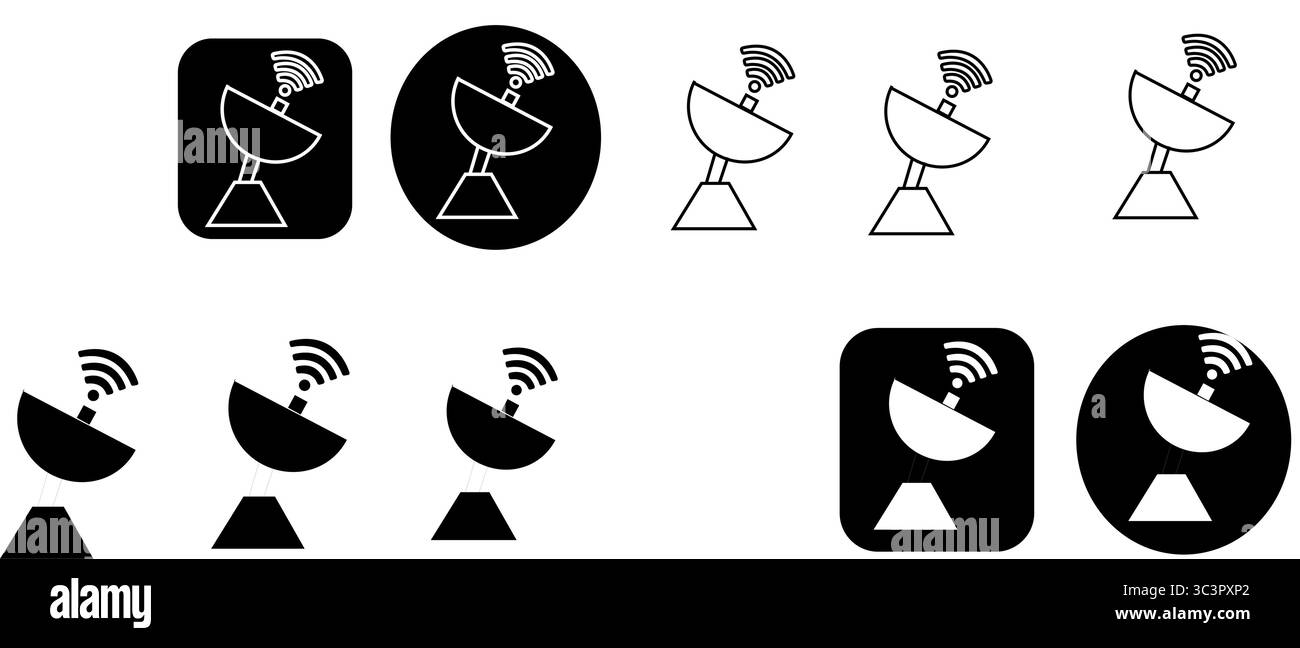 Satellitenschüsensymbole für Technologie, Kommunikation und globale Netzwerkdatenübertragung mit Stil Stock Vektor