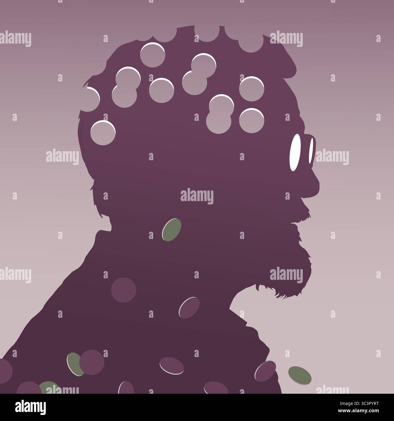 Altern und Demenz mit seinem Verlust an kognitiven Fähigkeiten ist dieses Thema eines alten Mannes mit Löchern in seiner Silhouette von Demenz und Alter. Dies ist eine 3 Stockfoto