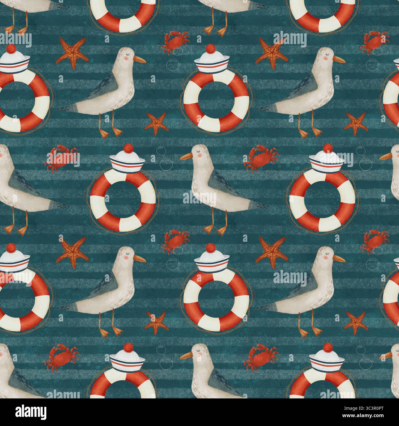 Niedliche Karikaturmöwen, rote und weiße Rettungsschwimmer, Matrosenhüte, rote Krabben und Seesterne. Handgezeichnetes nahtloses Muster auf blau gestreiftem Hintergrund zum Drucken auf Stoff und Papier. Stockfoto