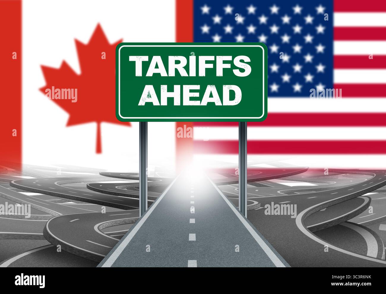 Kanada US-Zölle und US-Handelskrieg oder US-amerikanische oder kanadische Handelsabkommen als US-Zollkonflikt mit zwei Gegnern des Nordens Stockfoto