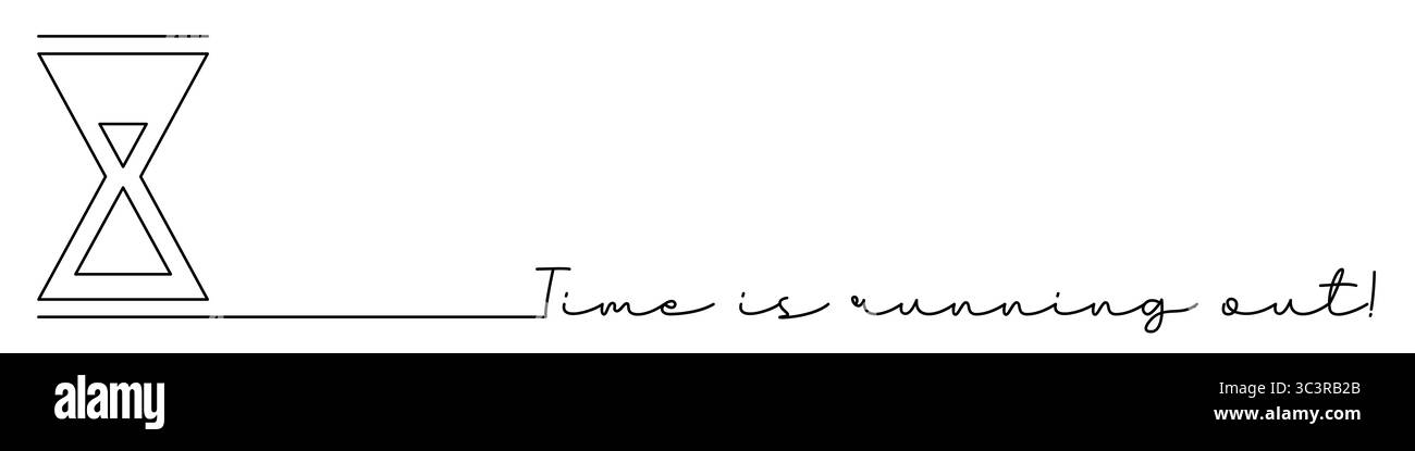 Die Zeit läuft ab, Sanduhr ein Zeilensymbol mit Beschriftung. Zeichnungsstil für durchgehende Linien. Fußzeile, Kopfzeile. Abbildung isoliert auf weißem Hintergrund. Stockfoto