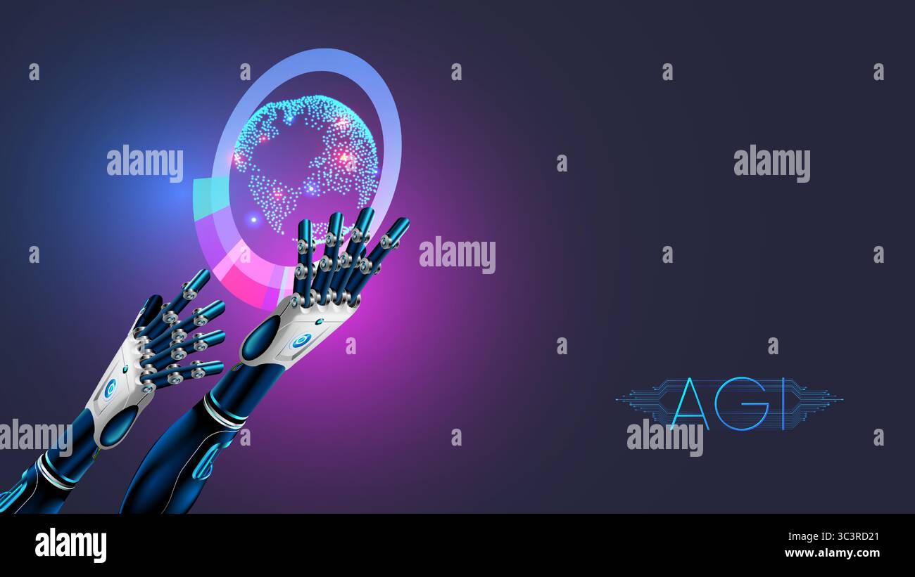 KI-Agenten oder Roboter-Hände halten eine VR-Projektion der Erde in Nahaufnahme. AGI verwaltet die Prozesse in der Welt. Globale künstliche Intelligenz Stock Vektor