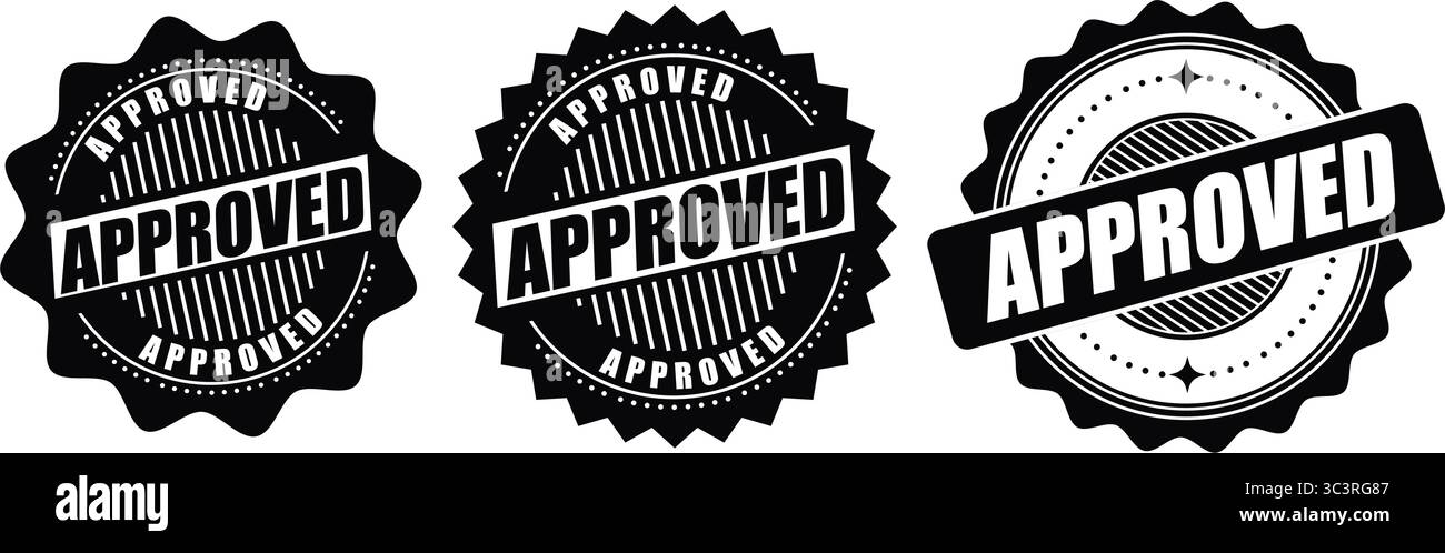 Genehmigter Abzeichen – Vektoretiketten mit zertifizierter Zulassung für den offiziellen Gebrauch, die Qualitätssicherung und die Produktüberprüfung Stock Vektor