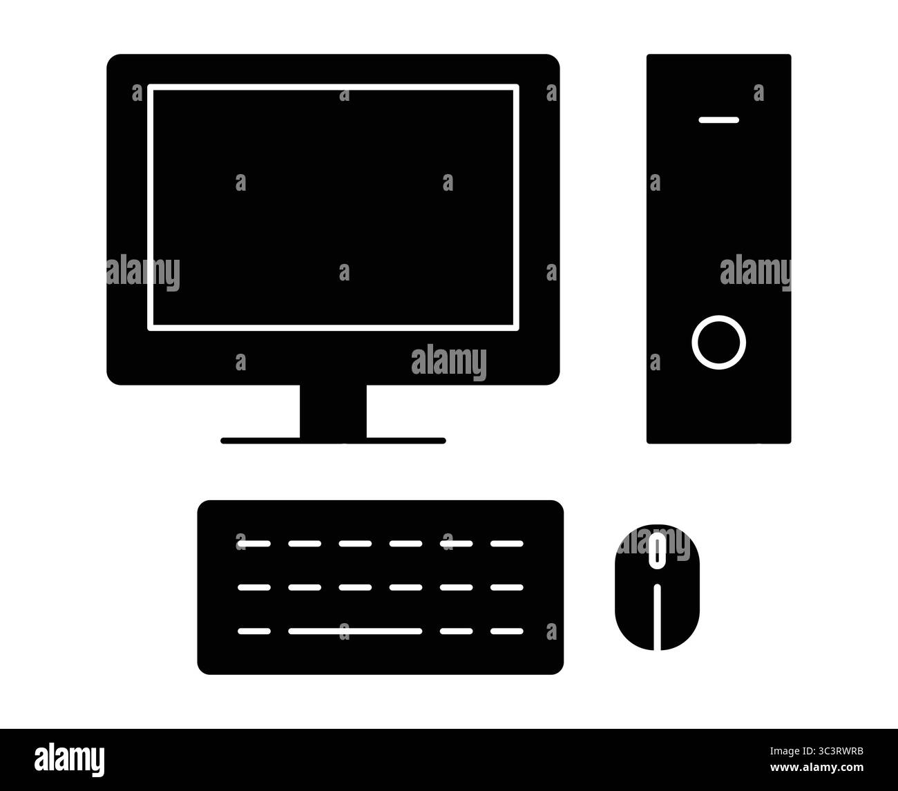 Ein minimalistisches schwarzes Design mit Computermonitor, Tastatur, Maus und Tower. Perfekt für Projekte im Bereich Technologie oder Hintergrund Stock Vektor