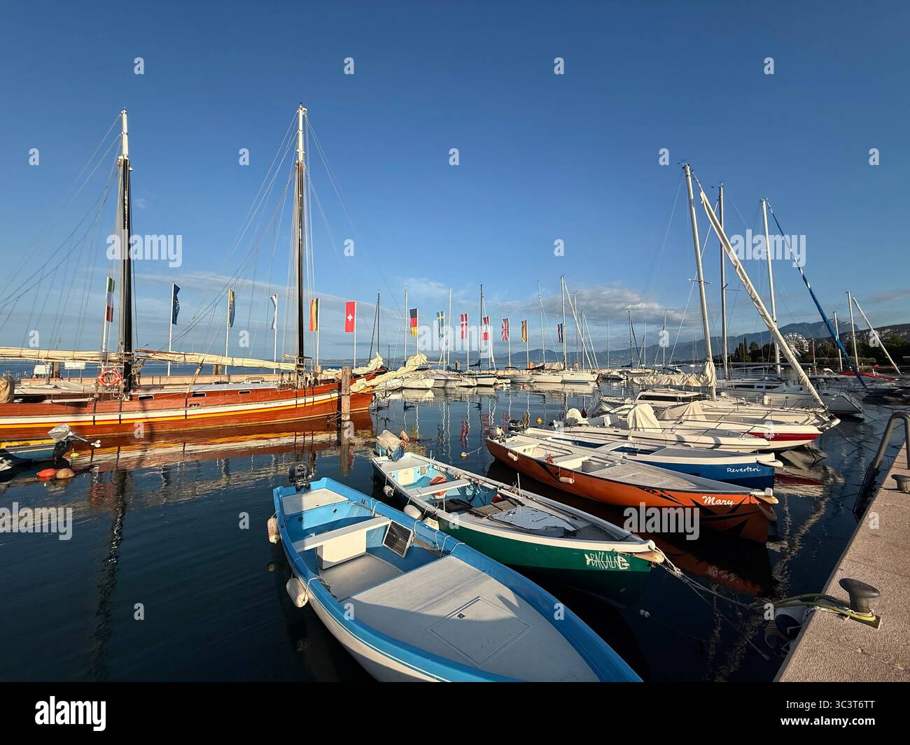 Vertäute Boote am frühen Morgen im Hafen von Bardolino am Gardasee, Italien Stockfoto