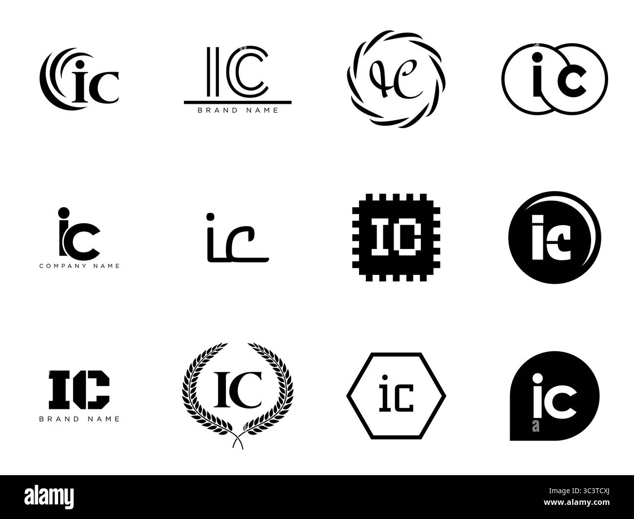 Firmenvorlage mit IC-Logo. Buchstaben i und C. Setzen Sie mit Designelementen verschiedene klassische Serifenschriftarten und modernen, auffälligen Text. Anfängliche Schriftart Stock Vektor