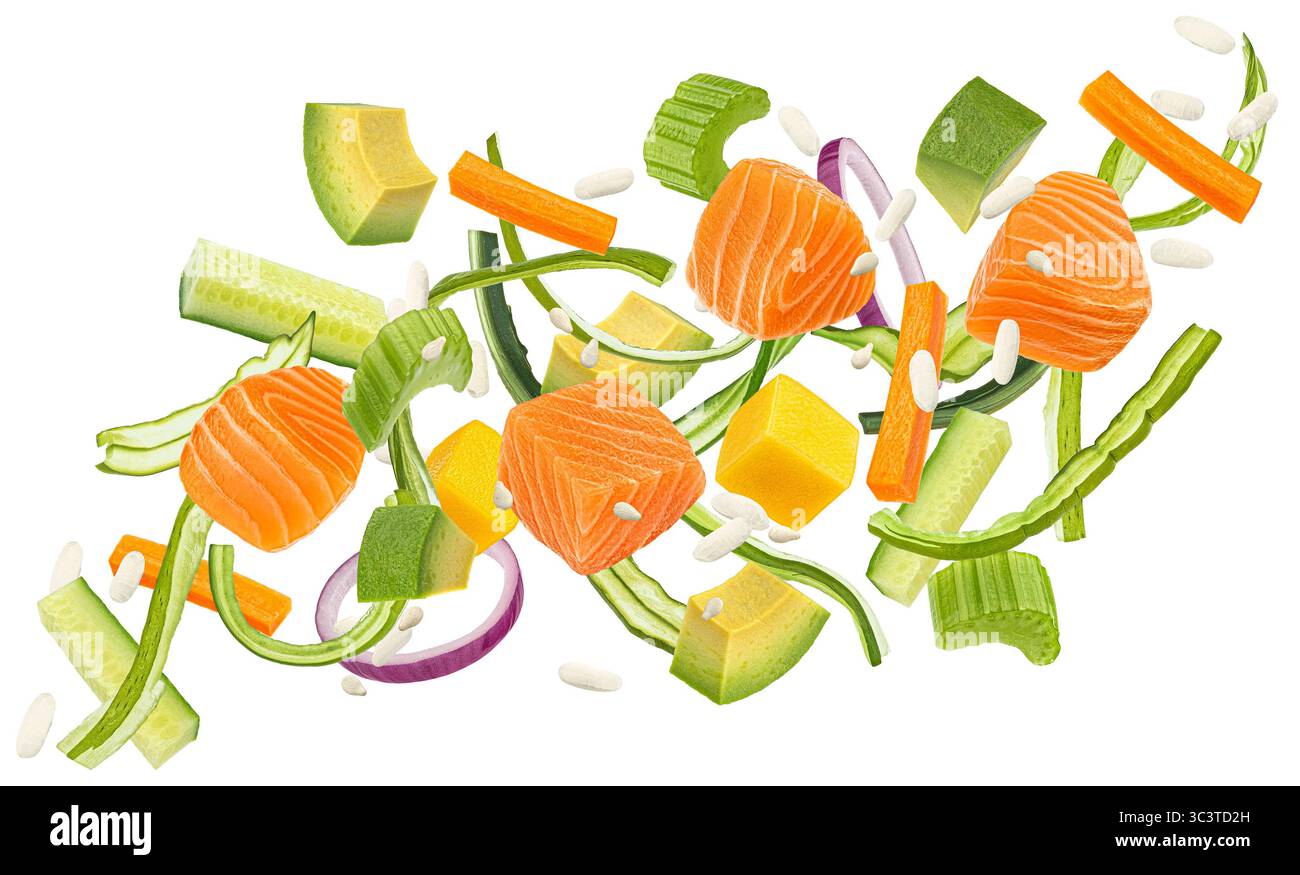 Zutaten für Lachspoke, isoliert auf weißem Hintergrund mit Schnittpfad Stockfoto