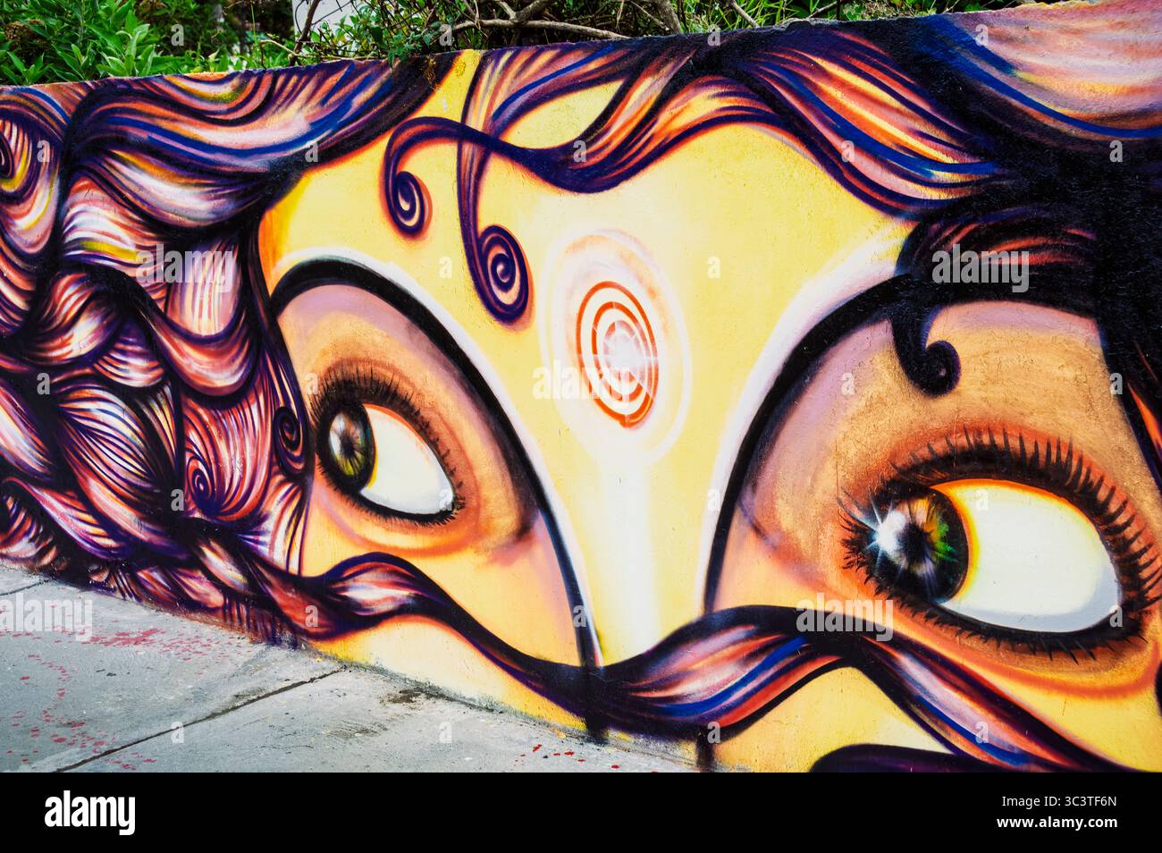 Boquete, Panama, 20. Mai 2014: Vibrant Street Art: Eyes of Boquete's Urban Jungle Stockfoto