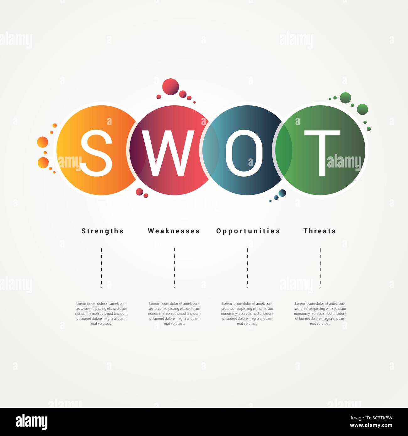Vier bunte Kreiselemente. Konzept der SWOT-Analysemethode oder der strategischen Planungstechnik. Infografik-Designvorlage. Vektorabbildung Stock Vektor