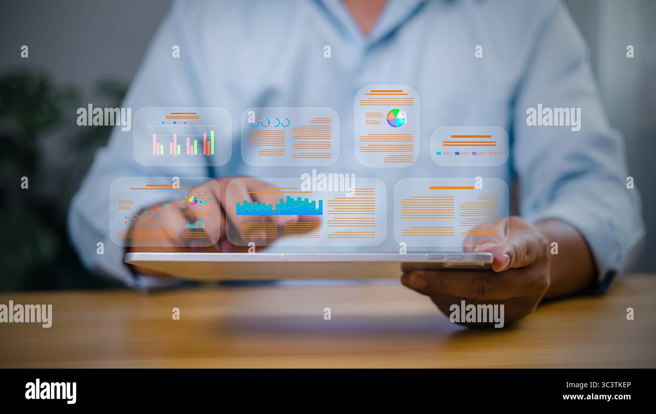 Datenanalysekonzept mit einem Tablet für Geschäftsleute zur Analyse digitaler Berichte und Diagramme. Business Intelligence und Technologie-Dashboard. Stockfoto