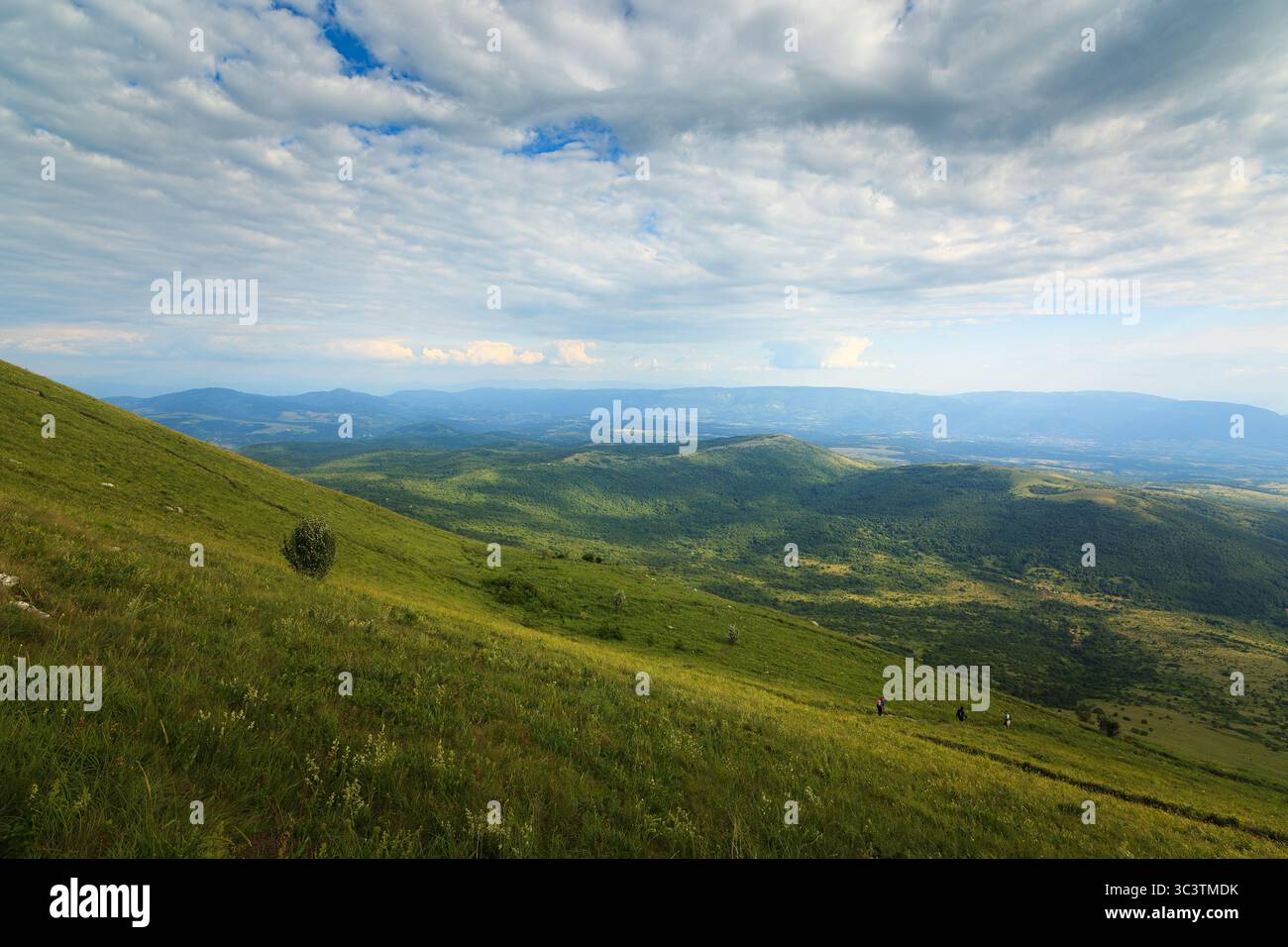Ein atemberaubender Blick von den Hügeln entlang des Pfades nach Shiljak auf dem Berg Rtanj in Serbien, mit üppigem Grün und dramatischen Wolken. Stockfoto