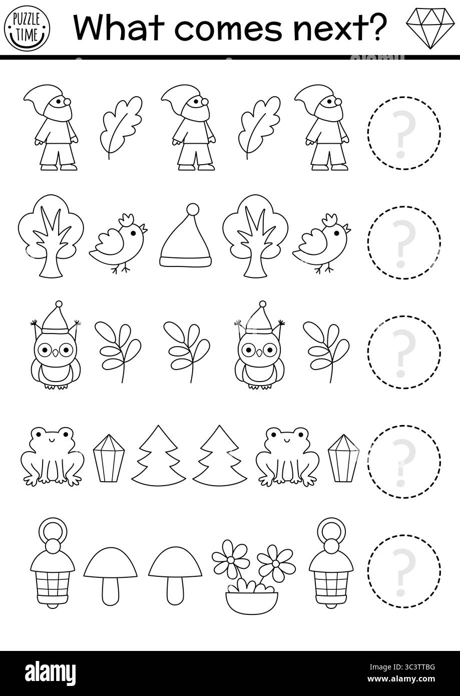Was kommt als Nächstes? Logische Schwarzweiß-Aktivität für Kinder mit Zwerg, Blatt, Baum, Eule, Frosch. Arbeitsblatt für Magic Forest-Logik-Abfolge. Wald Stock Vektor
