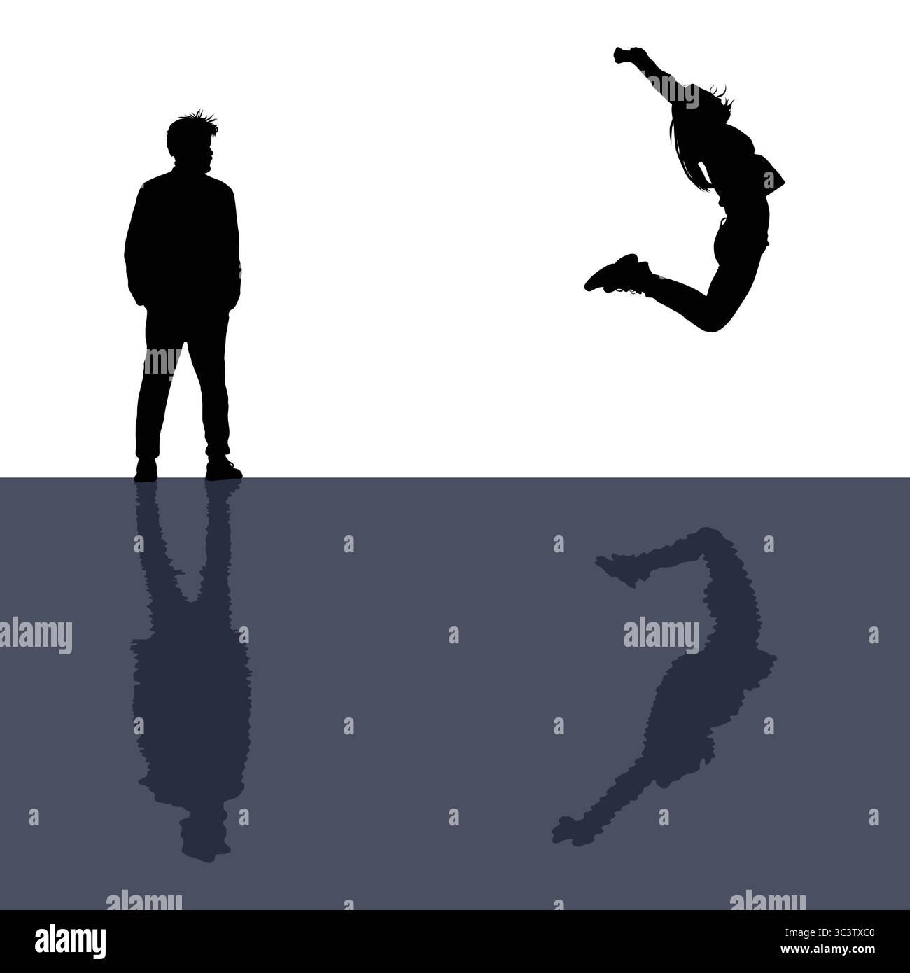 Silhouettenmann steht und Frau springt mit Reflektionen auf dem Wasser Stock Vektor
