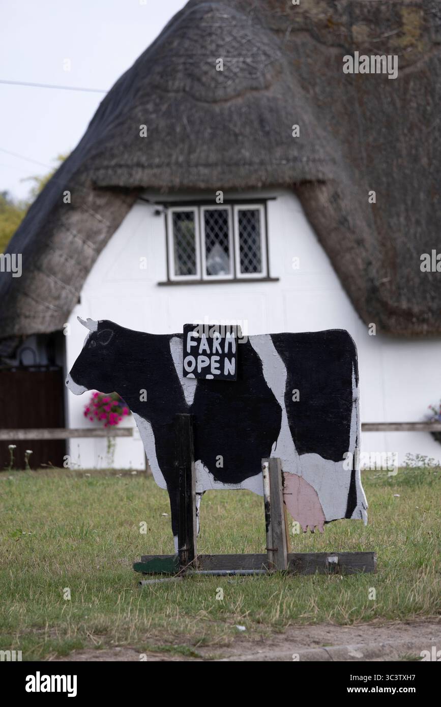 Farm Open Schild, außerhalb eines Dorfes grün mit einem Landhaus im Hintergrund, Essex, England, Vereinigtes Königreich Stockfoto