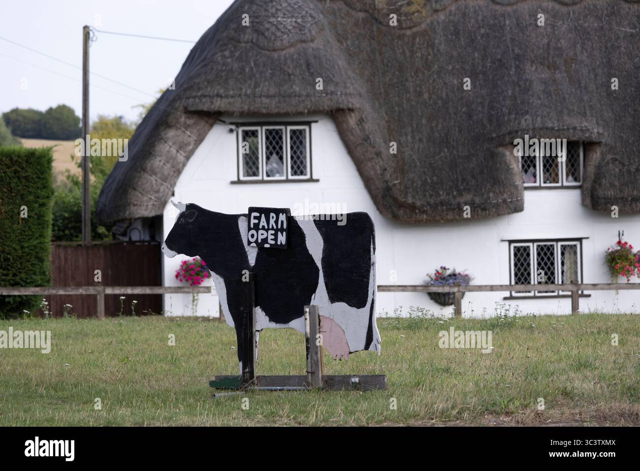 Farm Open Schild, außerhalb eines Dorfes grün mit einem Landhaus im Hintergrund, Essex, England, Vereinigtes Königreich Stockfoto