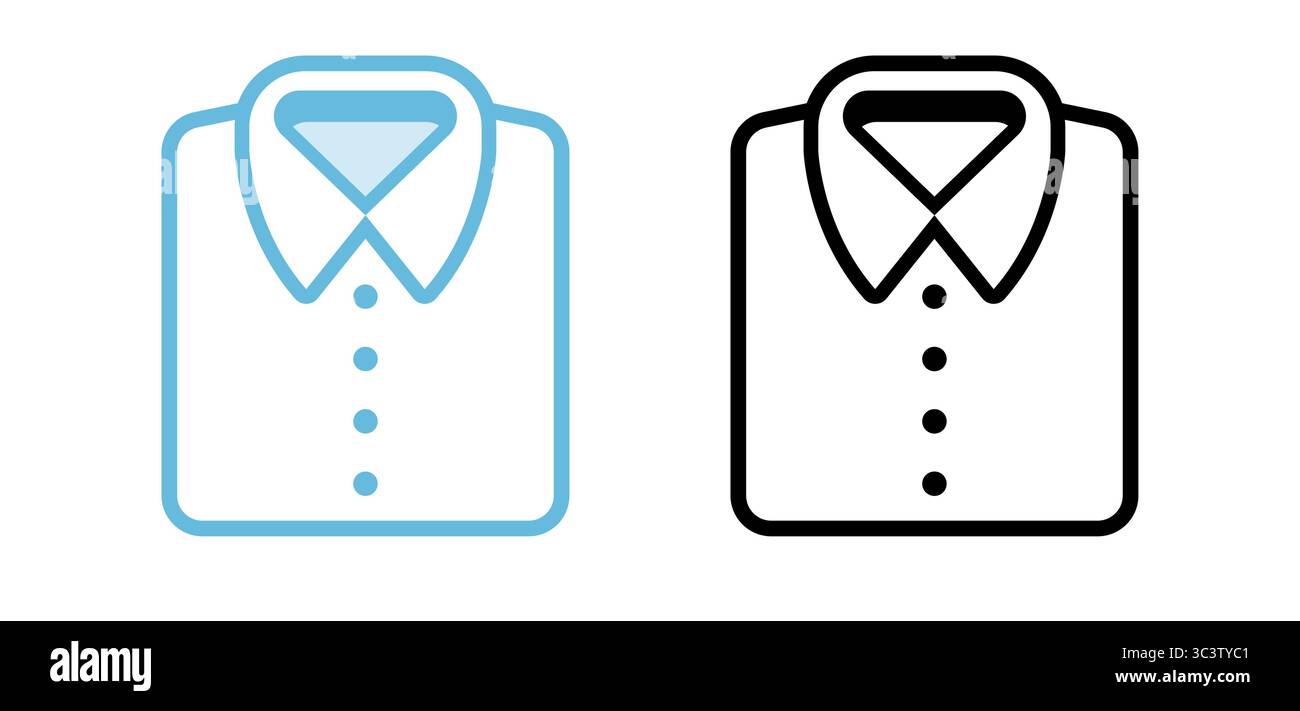 Gefaltete weiße Button-Down-Hemd-Iconvarianten, Farbe und schwarz-weiße Strichgrafik. Männerbekleidung, Textilien, Wäscherei. Einfache Vektordarstellung. Stock Vektor