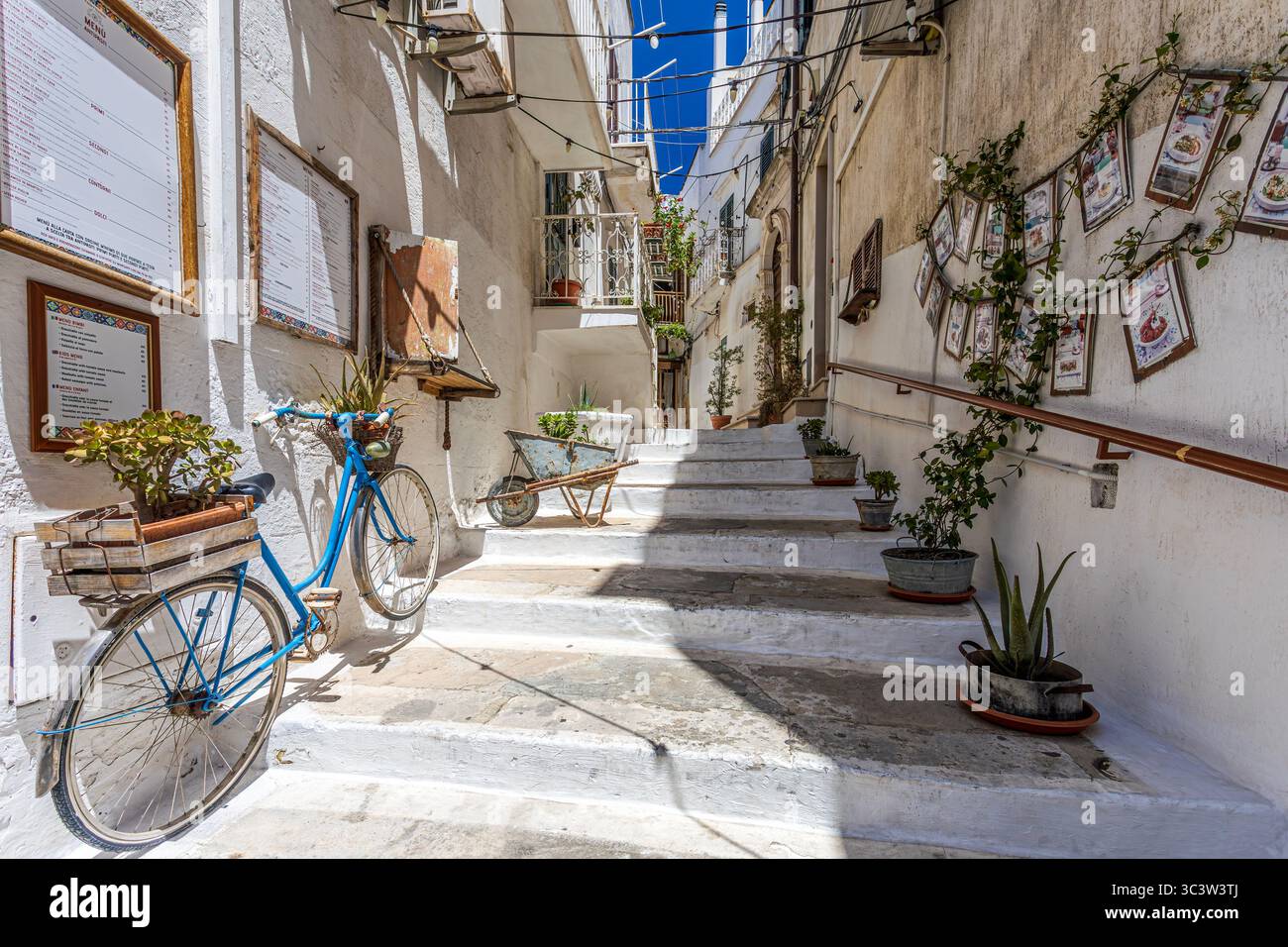 Alte und gemütliche Straße mit Blick auf die Stadt Ostuni, auch bekannt als die Weiße Stadt. Foto vom 23. Juni 2025 in der Provinz Brindisi, Region Apulien Stockfoto