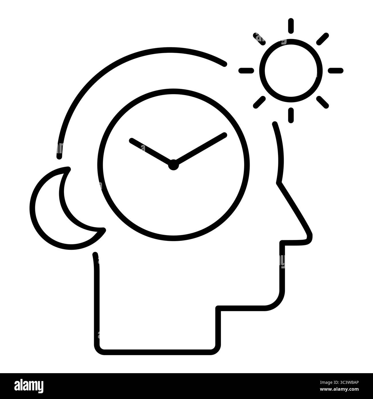 Symbol für zirkadiane Rhythmuslinie. Kopf mit Uhr, Sonne und Mond. Schlafregulation, Schlaflosigkeit. 24-Stunden-Zeitplan beeinflusst von Licht und Dunkelheit. Vektor Stock Vektor