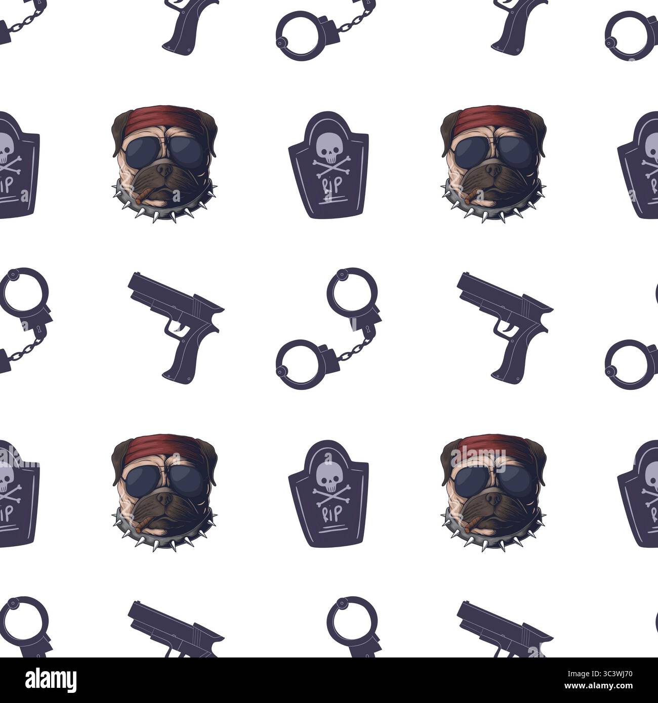 Ein nahtloses Muster mit einem hart aussehenden Hund in Sonnenbrille und Bandana, umgeben von Handschellen, Pistolen und Totenkopfgrabsteinen. Stockfoto