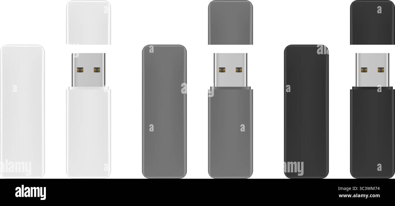 Modell des USB-Flash-Laufwerks. Weiße, graue und schwarze Gadgets. Öffnen und Schließen der Kappe. Speichergerät Stock Vektor
