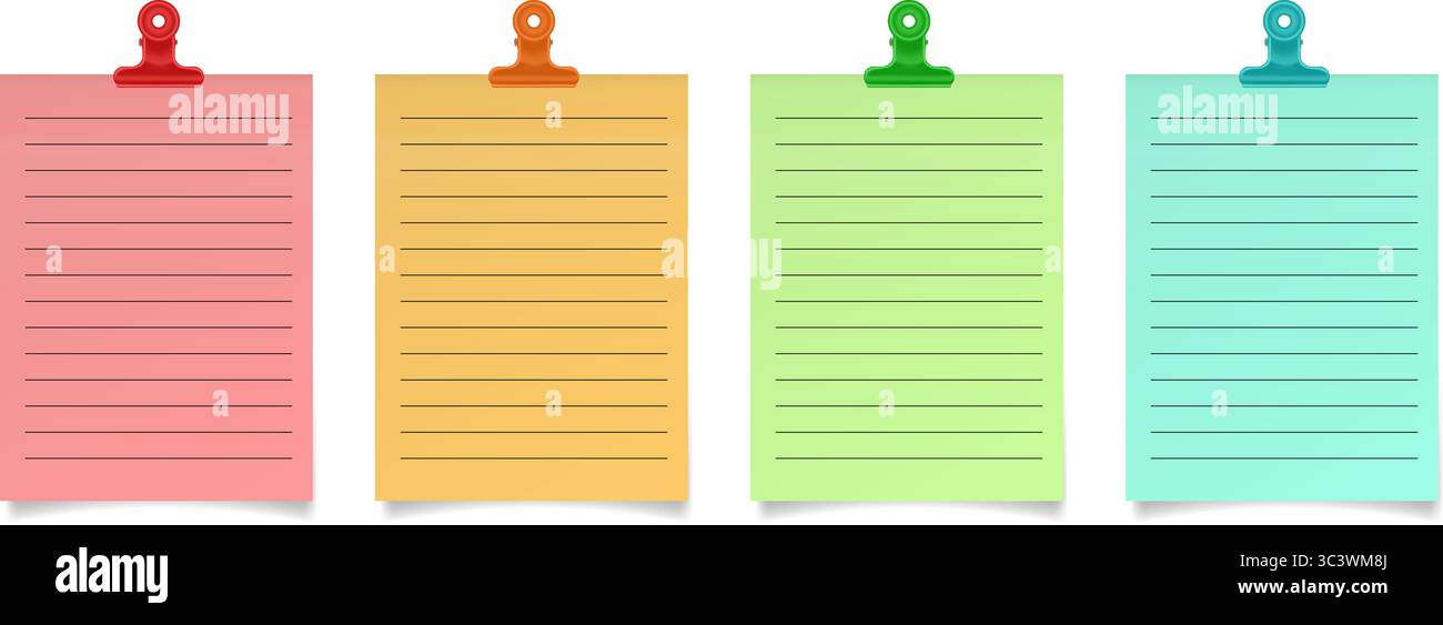 Satz Notizen mit Bulldog-Büroklammern. Rote, orangefarbene, grüne und blaue Blätter. Liniertes Notizbuchpapier Stock Vektor