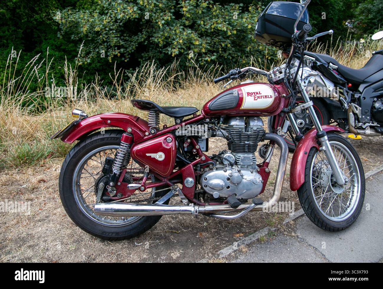 Das Royal Enfield Electra EFI 500 ccm 2110 Motorrad parkt am Straßenrand, beim Calne Bike Meet 2025 präsentiert klassisches Design mit Laub im Hintergrund Stockfoto