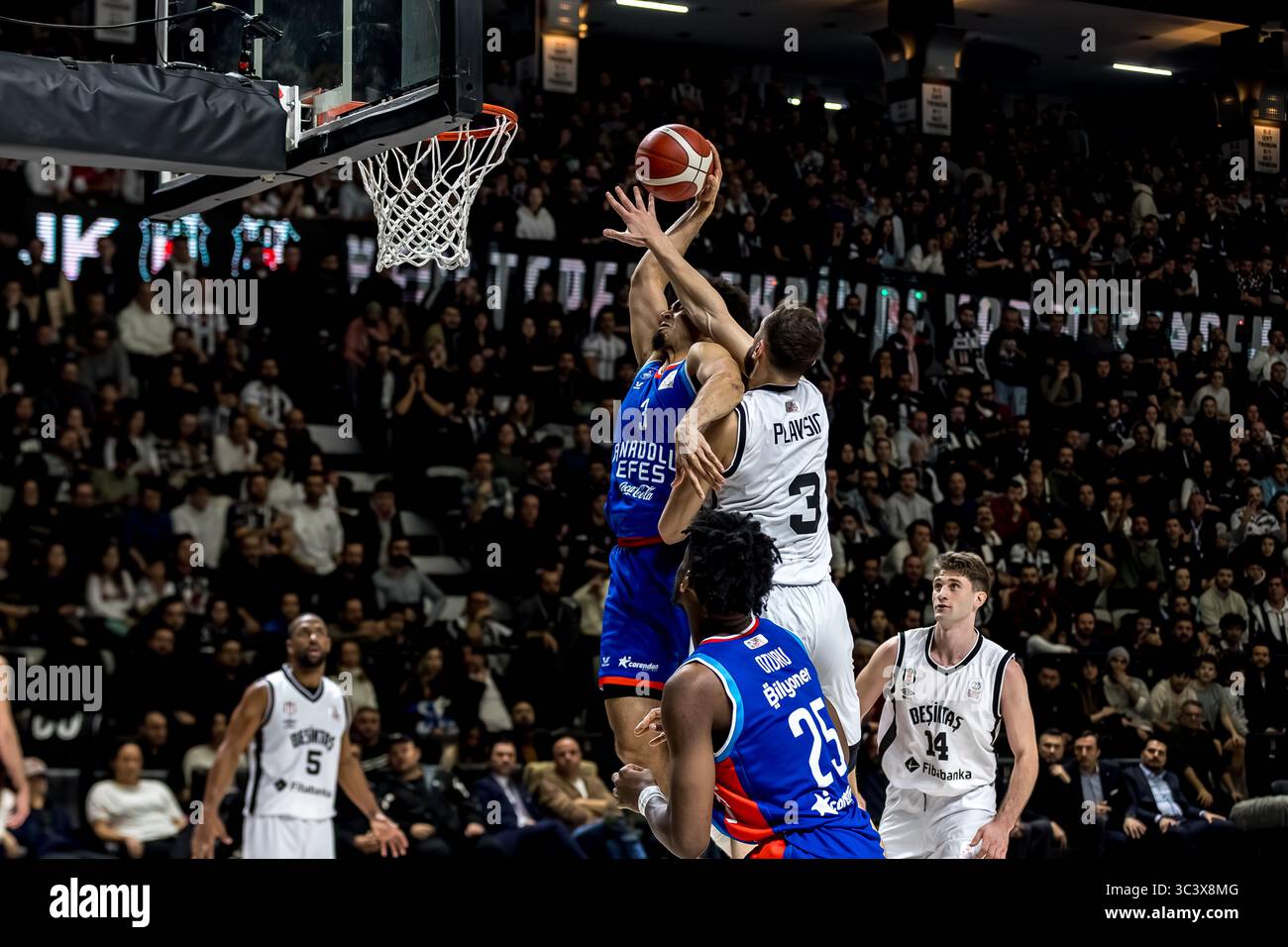 ISTANBUL, TÜRKEI - FABRUARY 13, 2025: Turkiye Sigorta Basketball Super League reguläres Saisonspiel zwischen Besiktas Fibabanka und Anadolu Efes in Besi Stockfoto