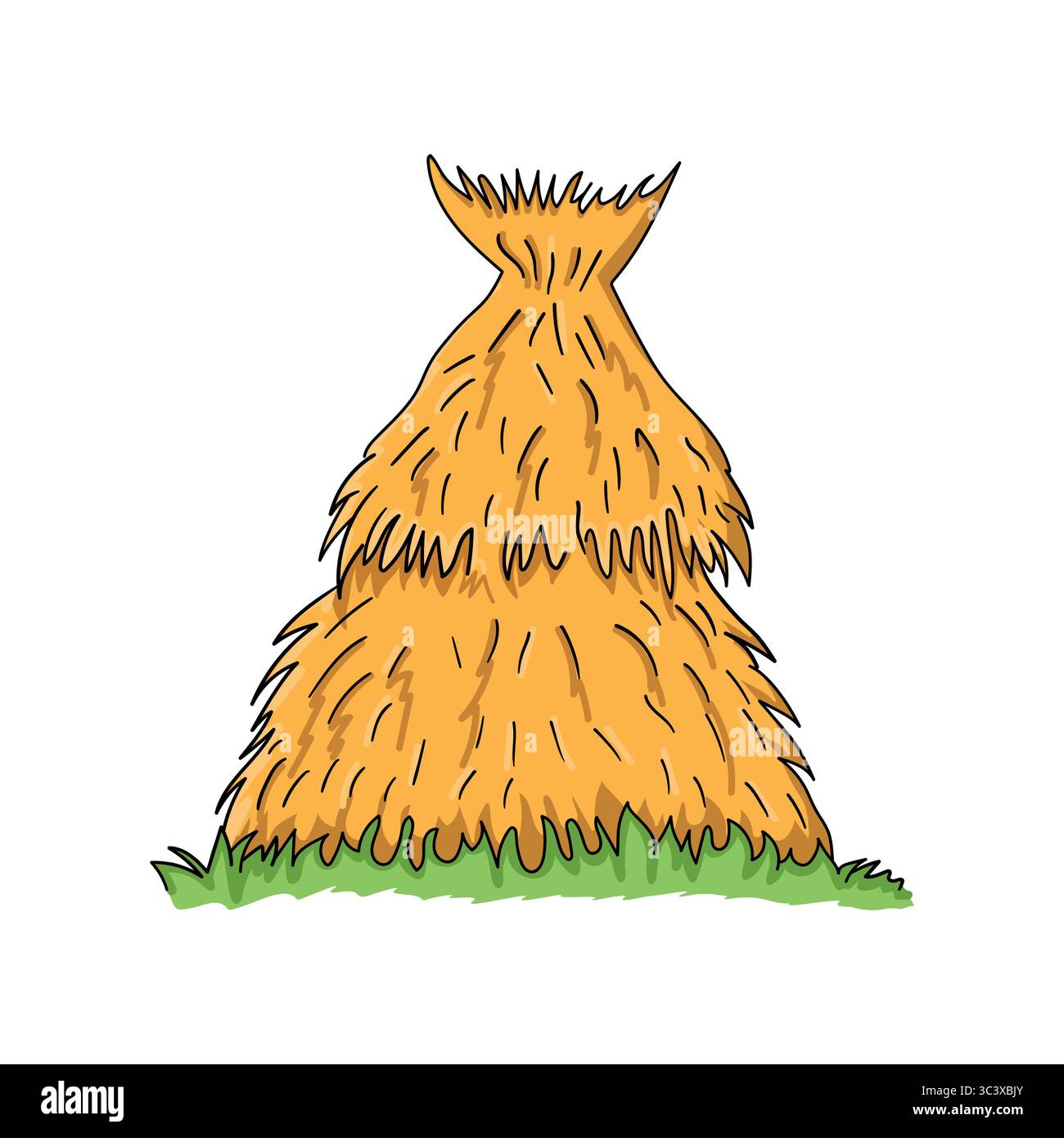 Hochwertige Vektor-Illustration eines Zeichentrick Heuhaufen an der Oberseite gebunden, auf grünem Gras platziert. Die hellen Goldtöne und die klaren schwarzen Umrisse machen es aus Stock Vektor