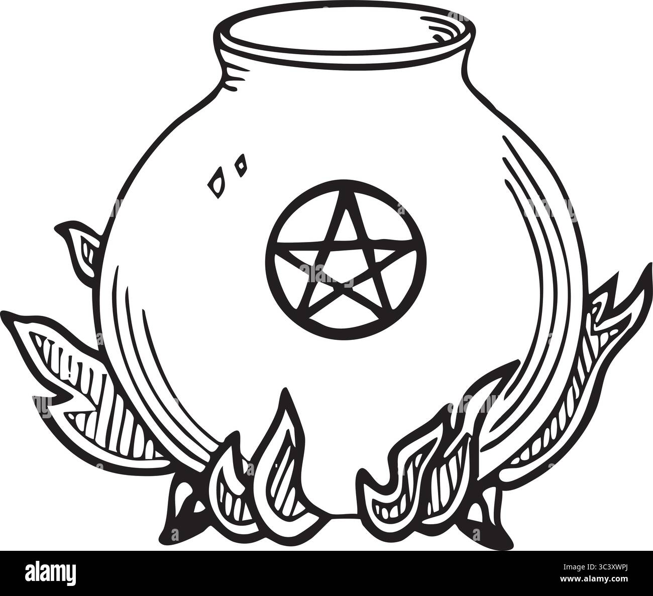 Brennende Hexenkessel-Vektorillustration auf weißem Hintergrund. Designelement für halloween-Grußkarten und Tätowierungen Stock Vektor