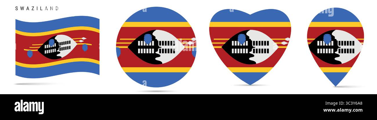 Swasiland schwenkende Flagge, runder kreisförmiger Aufkleber, herzförmiges Symbol, Kartennadel. Eswatini-Flaggenknöpfe in verschiedenen Formen. Vektordarstellung isoliert Stock Vektor