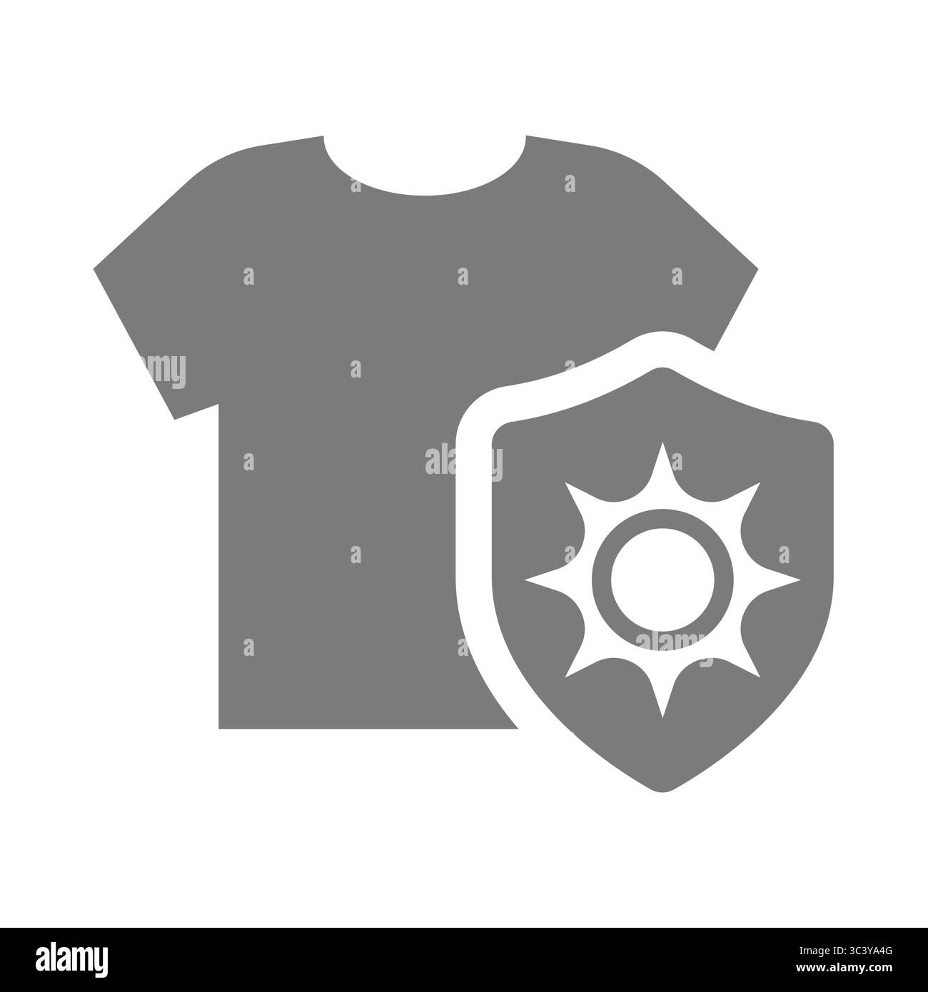Erwärmen Sie einen uv-Schutz mit Kleidung. Sonnenbeständiges und geschütztes T-Shirt mit Schild und Sonne. Stock Vektor
