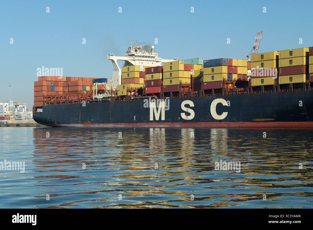 MSC-Logo auf dem Containerschiff der Mediterranean Shipping Company am Dock im Hafen von Durban, KwaZulu-Natal, Südafrika, Frachtumschlag, Logistik Stockfoto