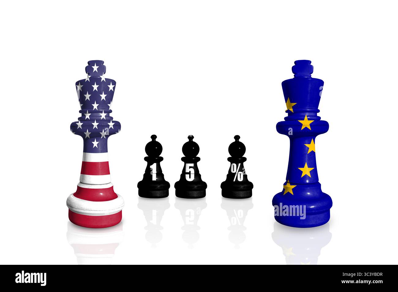 Schach aus EU- und US-Flaggen. Zölle der Europäischen Union und der USA, Handel, Zollkrieg Stockfoto