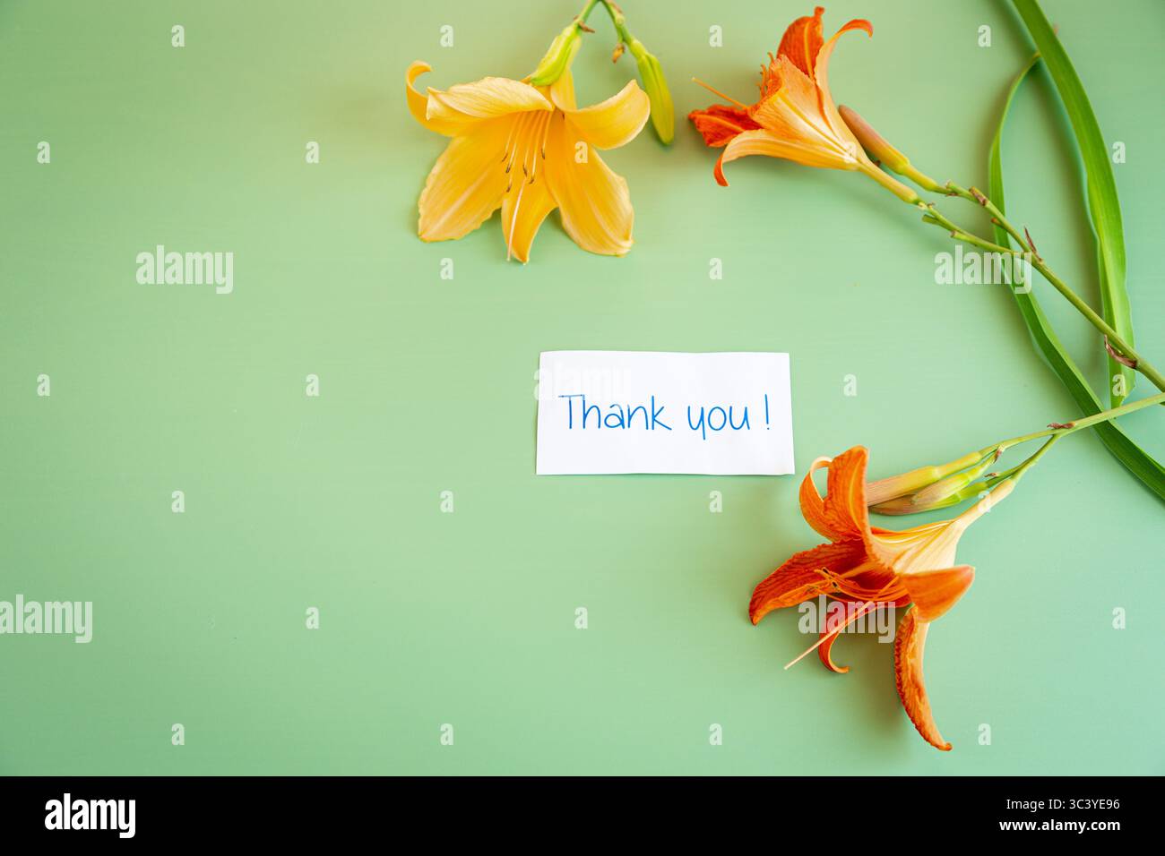 Glückwunschkarte mit einem Blumenstrauß aus hellen Lilien zum Muttertag. Stockfoto