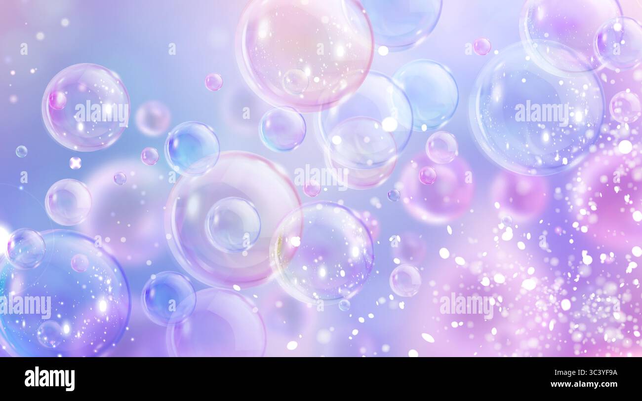 Traumhafter irisierender Bubble-Hintergrund mit Glitzereffekten - schwimmende Seifenblasen in pastellblauem und lila Farbverlauf, magische Lichtreflexionen für Schönheitsproduktpräsentationen und Wäscheständer. Stock Vektor