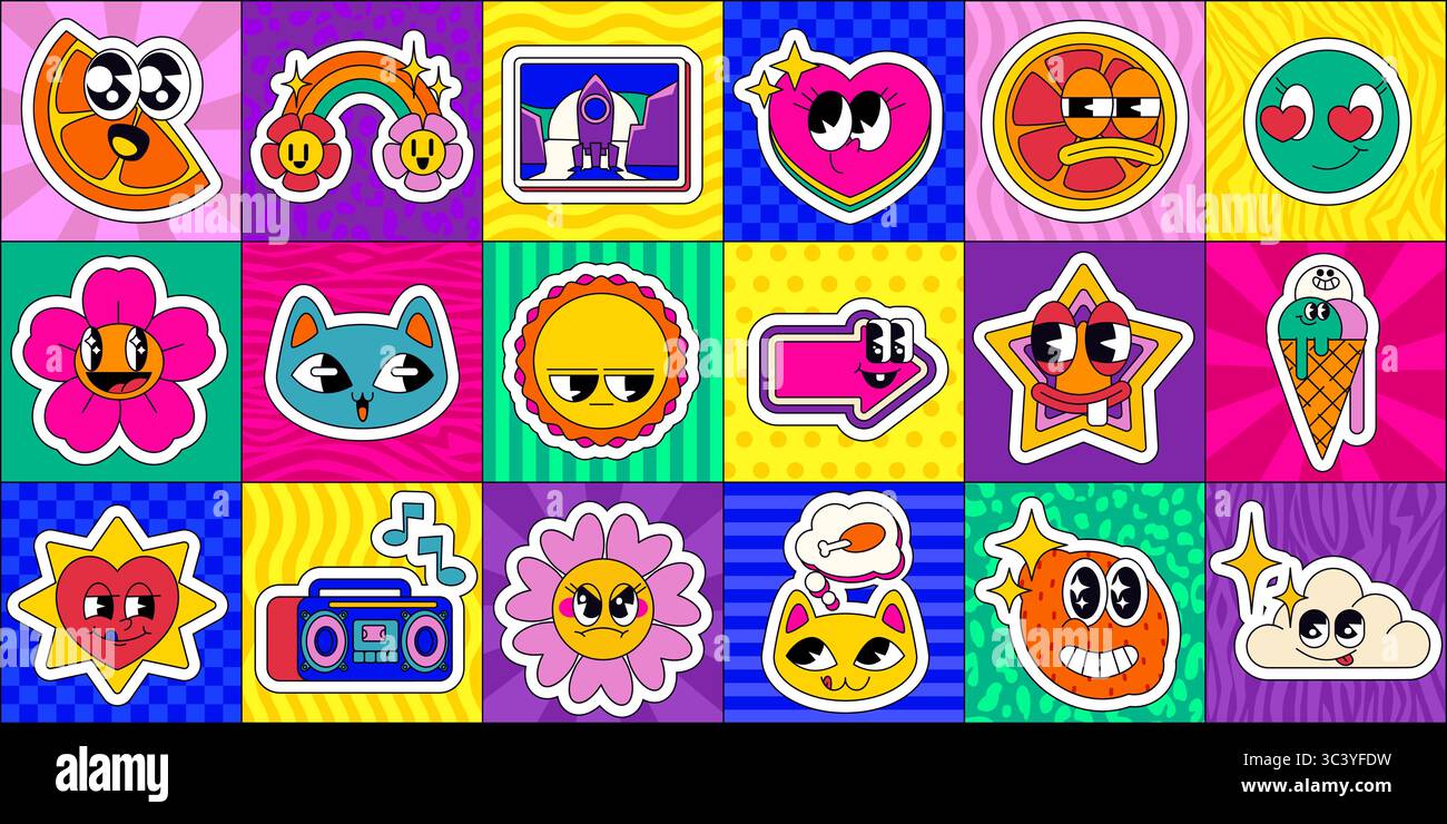 Retro-Pop-Emoticon-Raster mit lebendigen Charakteraufklebern auf psychedelischen Hintergründen – groovige Gesichter und Blumen, Katzen, Herzen und Objekte in kräftigen Farben für nostalgische digitale Collagen und y2k-Design. Stock Vektor