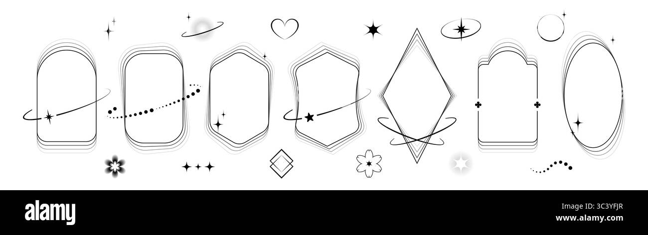Schwarze Rahmenlinien mit Sternen, Herzen und Himmelskreisen - minimalistische Aura-Designs in ovalen, rechteckigen und rautenförmigen Formen. Unscharfe funkelnde Elemente, geometrische Umrisse für mystische Grafiken. Stock Vektor