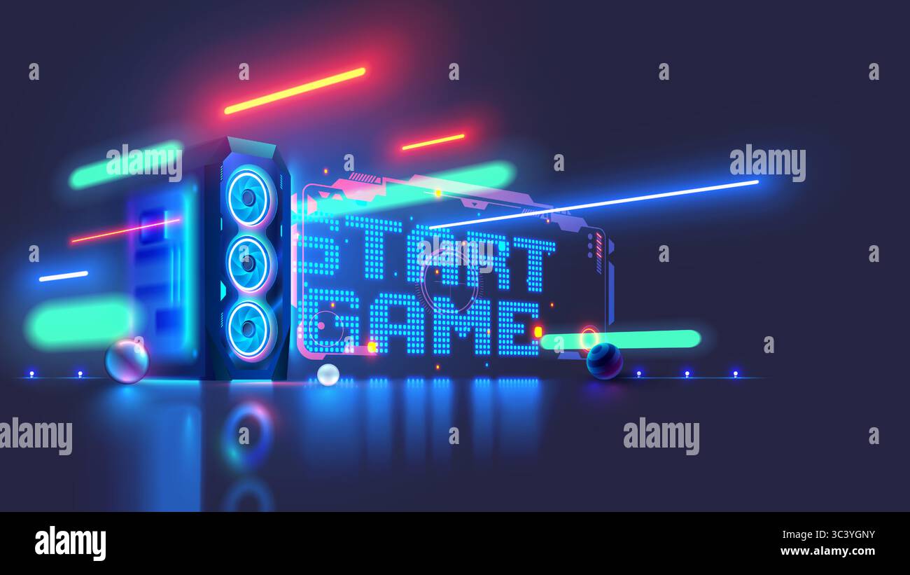 Hintergrundbilder für Computervideospiele. Hintergrundinformationen zum Videospiel. Spielecomputer auf dem Tisch mit der Inschrift das Startspiel im Cyberspace-Portal Stock Vektor