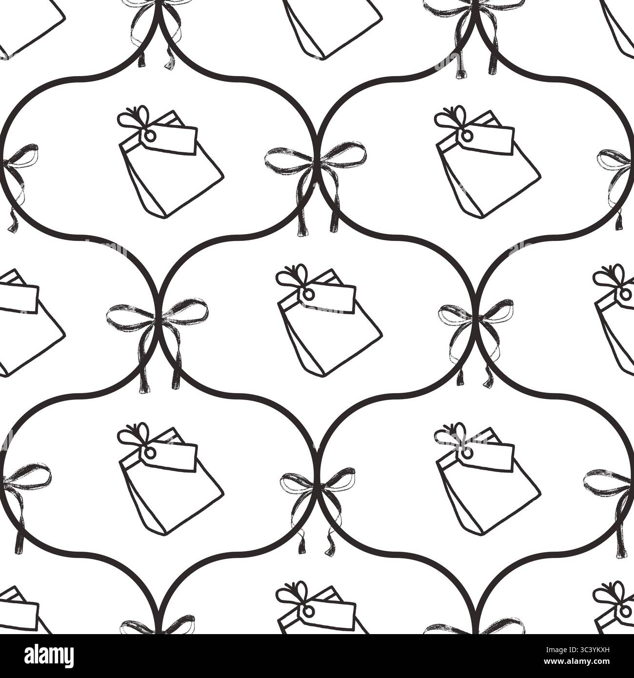 Nahtloses Muster mit Coquette Party Buntstift. Monochrome Ogee Party endloser Hintergrund. Mädchenhaftes, festliches Schwarz-weiß-Repeater-Cover. Geburtstag des Oberflächenmusters Stock Vektor