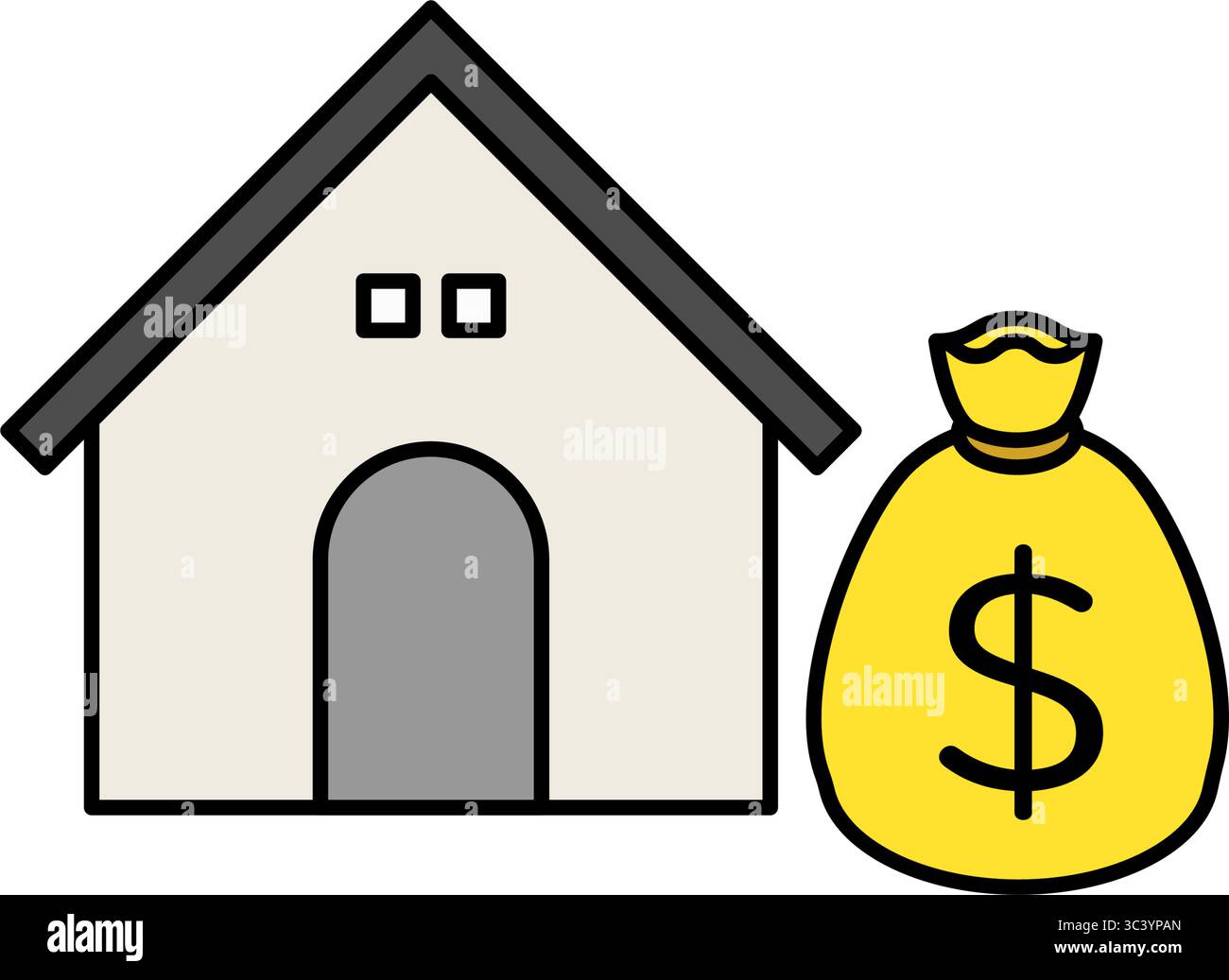 Haus- und Geldbeutel mit Hypothek einfache Linienzeichnung Symbol, Illustration von Wohnungsdarlehen und Finanzierung, Vektor-Illustration Stock Vektor