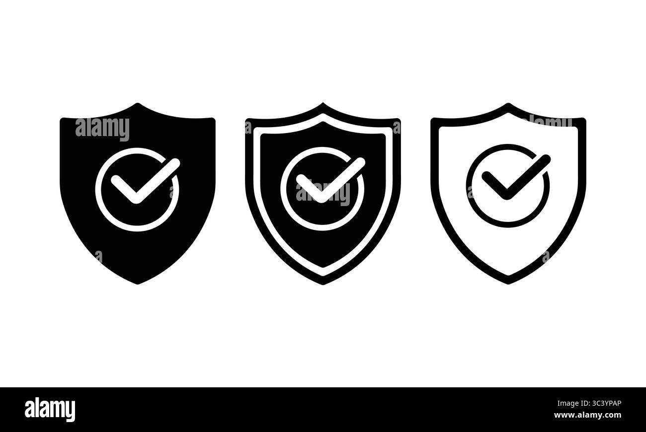 Shield Check Icons – Verified Protection Security Badge Symbol Stock Vektor