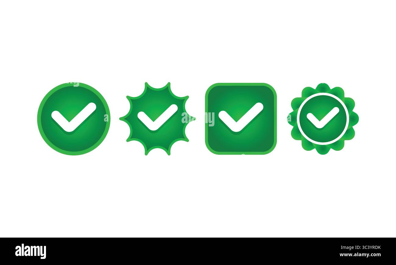 Grüne Häkchen-Symbole Gesetzt – Sammlung Von Symbolen Für Geprüfte Genehmigungen Stock Vektor