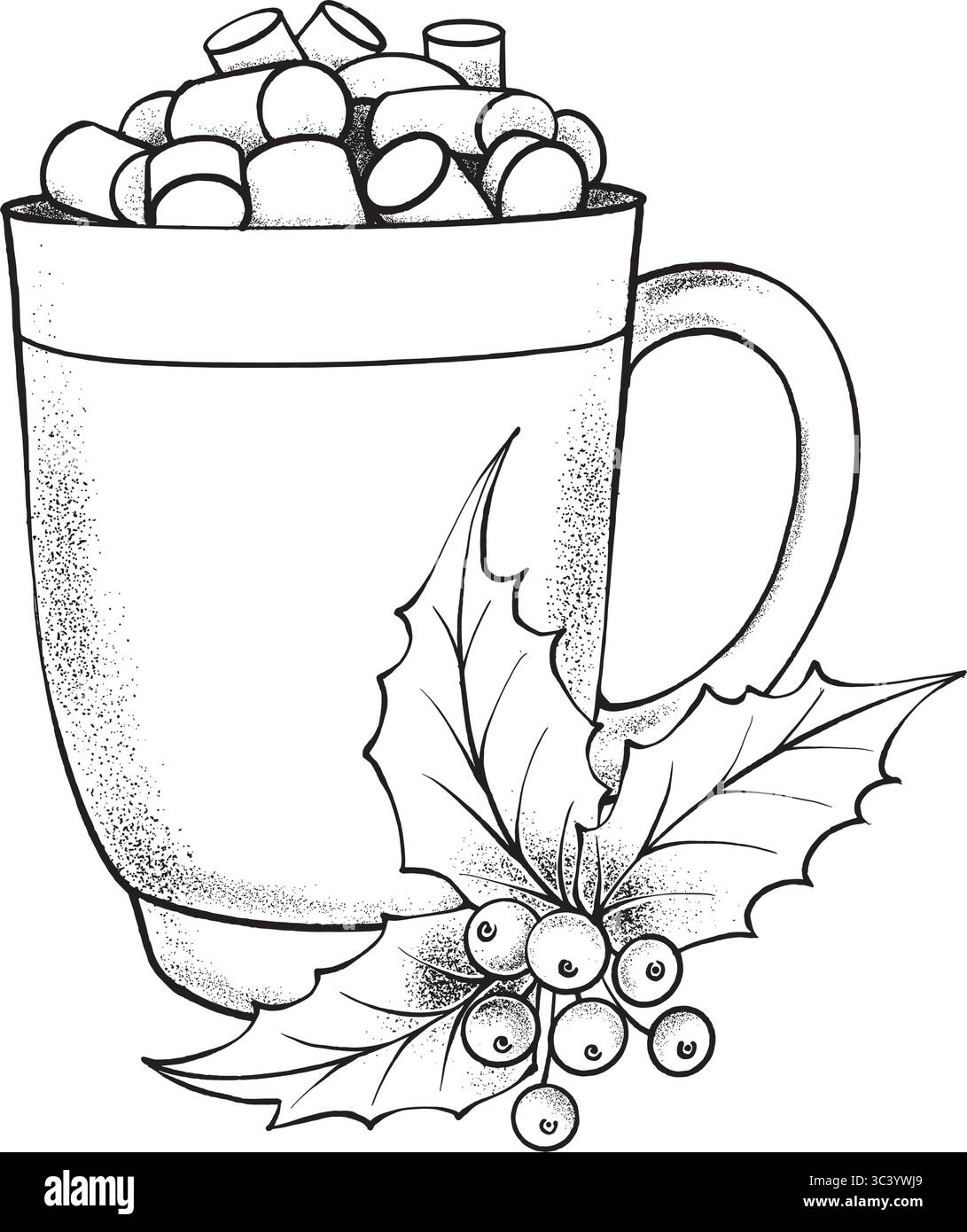 Schwarz-weiße Vektor-Illustration eines festlichen Bechers mit Marshmallows und stechpalmenblättern isoliert auf weißem Hintergrund. Perfekt für Karten, Malbuch Stock Vektor