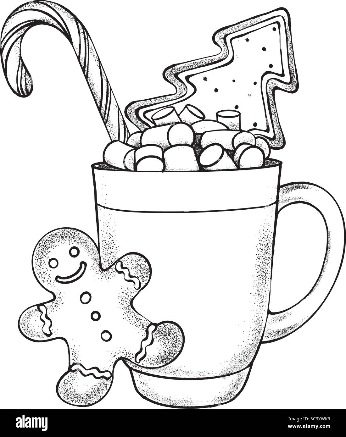 Vektor-Illustration eines Bechers mit Marshmallows, Zuckerrohr und Weihnachtskeksen. Handgezeichnetes Bild auf weißem Hintergrund für Karten, Verpackungen, Aufkleber, Stock Vektor