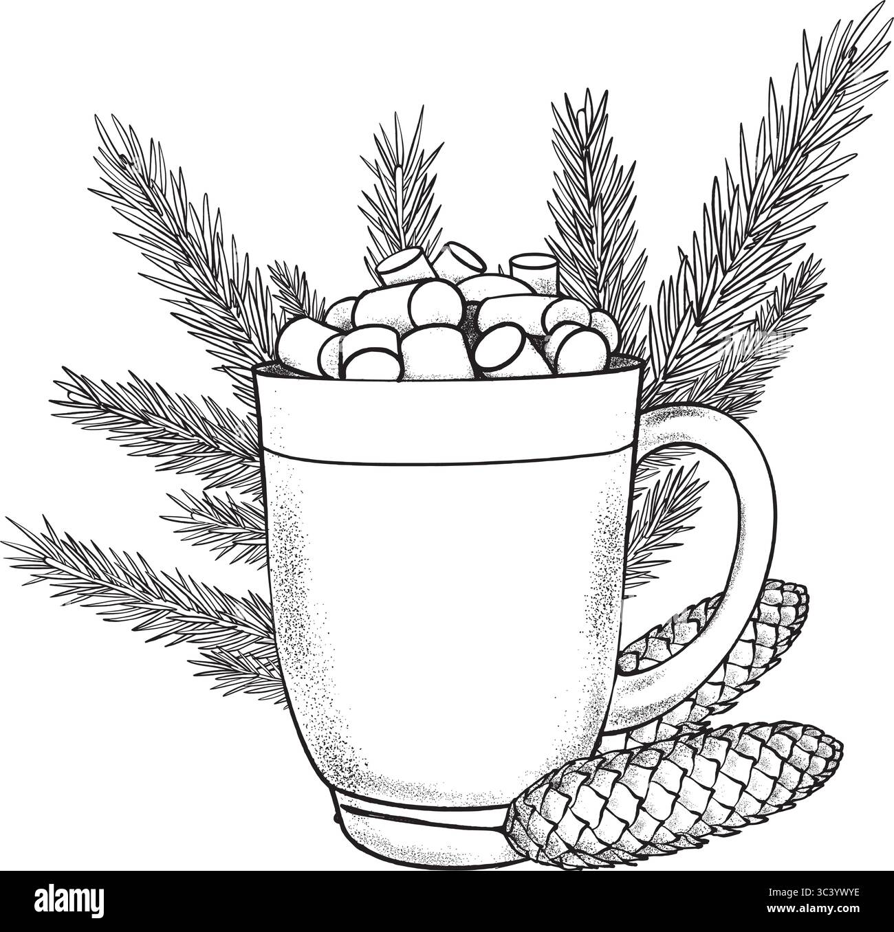 Vektorillustration eines Bechers mit Marshmallows, Tannenzweigen und Tannenzapfen. Handgezeichnetes Schwarzweiß-Bild auf weißem Hintergrund. Für Christus geeignet Stock Vektor